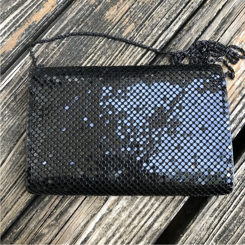 Black Metal Mesh Purse Envelope Clutch Bag Gold Accents Disco Vintage 70s 80s
